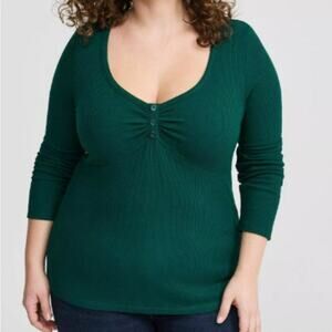 New Torrid Womens 2X Top Plus Size Thermal V Neck Henley Cinch Teal Green Shirt